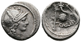 T. Carisius 46 BC. AR Denarius. (17mm, 3,84 g.) Rome, Head of Roma right, wearing ornate crested helmet; [ROMA] downwards in left field. Rev. Sceptre,...