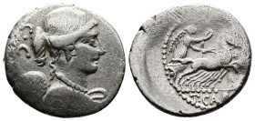T. Carisius 46 BC. AR Denarius ( 18mm, 3,58 g.) Rome, Draped and winged bust of Victory right; S•C behind. Rev. T. CA[RISI] Victory driving quadriga r...