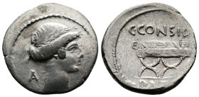 C. Considius Paetus. 46 BC. AR Denarius (18,5 mm, 3,62 g.) Laureate head of Apollo r.; behind, A. Rev. C·CONSIDI Curule chair on which lies wreath; in...