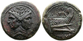 Sextus Pompeius Magnus Pius. Æ As, Sicily ca. 42-38 BC, (32 mm, 24.83 g.) MAGN Laureate Janiform head of Pompeius the Great. Rev. PIVS Prow r.; below,...