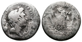 Sextus Pompey AR Denarius. (17mm, 3,36 g.) Uncertain mint in Sicily (Catania?), 42-40 BC., bare head of Pompey Magnus right; capis behind, lituus befo...
