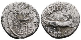 The Triumvirs. Mark Antony. Autumn 32-spring 31 BC. AR Denarius (17mm, 3.47 g.). Legionary type. Patrae(?) mint. Praetorian galley right; ANT • AVG ab...