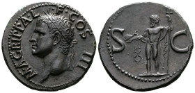 In the name of Agrippa (after 37 AD), Æ As (28mm, 10.06 g.) M AGRIPPA L – F COS III Head l., wearing rostral crown. Rev. S – C Neptune, cloaked, stand...