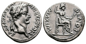 Tiberius augustus, (14 – 37 AD.) AR Denarius (18,5mm, 3,66g.) struck in Lugdunum 14-37 AD. TI CAESAR DIVI – AVG F AVGVSTVS Laureate head r. Rev. PONTI...