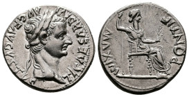 Tiberius augustus, (14 – 37 AD.) AR Denarius (17,5mm, 3,87g.) struck in Lugdunum 14-37 AD. TI CAESAR DIVI – AVG F AVGVSTVS Laureate head r. Rev. PONTI...