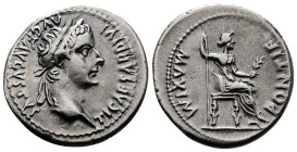 Tiberius augustus, (14 – 37 AD.) AR Denarius (19mm, 3,79g.) struck in Lugdunum 14-37 AD. TI CAESAR DIVI – AVG F AVGVSTVS Laureate head r. Rev. PONTIF ...