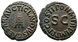 Claudius (41-54 AD). AE Quadrans (18,5 mm, 3.05 g.) Rome, 41 AD. TI CLAVDIVS CAESAR AVG, Three-legged modius. Rev. PON M TR P IMP COS DES IT around la...