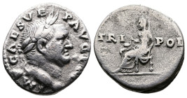 Vespasian (69-79 AD.) AR Denarius (18mm, 3.14 g.) Rome, 70-71 AD. IMP CAES VESP AVG [P M], laureate head right. Rev. TRI - POT across field, Vesta, ve...
