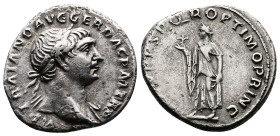 Trajan (98-117 AD.) AR Denarius (18,5mm, 2,99 g.), Rome, 107-8 AD. IMP TRAIANO AVG GER DAC P M TR P Laureate head of Trajan to right, drapery on left ...