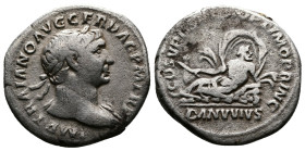 Trajan (98-117 AD.) AR Denarius (19 mm, 3,08g.). Rome mint, Struck 107 AD. IMP TRAIANO OPTIMO AVG GER DAC P M TR P, laureate bust of Trajan right, dra...