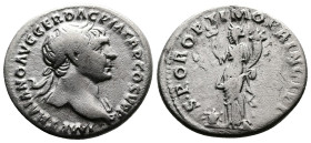 Trajan (98-117 AD.) AR Denarius (19 mm, 3,14 g.) Rome mint, Struck 103-111 AD. IMP TRAIANO AVG GER DAC P M TR P COS V P P, laureate bust of Trajan rig...