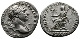 Trajan (98-117 AD.) AR Denarius (18,5mm, 2,76 g.) IMP TRAIANO AVG GER DAC P M TR P, laureate bust right, slight drapery Aegis on left shoulder. Rev. C...