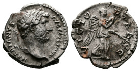 Hadrian (117-138 AD.) AR Denarius (18mm, 3,00g.) Rome, 134-138 AD. HADRIANVS AVG COS III P P, laureate head right. Rev. VICTORIA AVG, Victory standing...