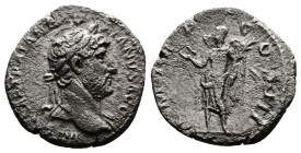 Hadrian (117-138 AD.) AR Quinarius (14mm, 1.28 g.) Rome mint ca. 119-125 AD. IMP CAESAR TRAIAN HADRIANVS AVG, laureate bust right, displaying bare sho...
