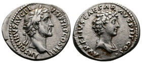 Antoninus Pius (138-161 AD.) with Marcus Aurelius . AR Denarius (18 mm, 3.23 g.) Rome, 141 AD. ANTONINVS AVG PI - VS P P TR P COS III, laureate head o...
