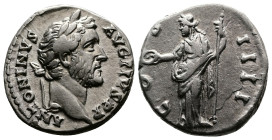 Antoninus Pius (138-161 AD.) AR Denarius (17mm, 3,26 g.) Rome, 145-161 AD. ANTONINVS AVG PIVS P P, laureate head right. Rev. COS IIII, Concordia stand...