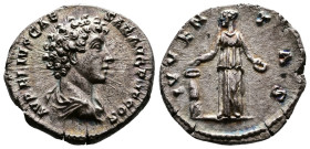 Marcus Aurelius, as Caesar, AR Denarius (18mm, 3,33g.) Rome, 140-144 AD. AVRELIVS CAESAR AVG PII F COS, bare head to right. Rev. IVVENTAS, Iuventas st...