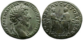 Marcus Aurelius (161-180 AD.) AE Sestertius (30mm, 23,70g.) Rome, March - December 161 AD. IMP CAES M AVREL ANTONINVS AVG P M Bare-headed and cuirasse...