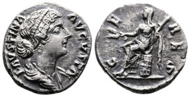 Faustina II Augusta (147-176 AD). AR Denarius (17mm, 3,18 g.) Rome. FAVSTINA AVGVSTA. Draped bust right. Rev. CERES. Ceres, veiled, seated left on cis...