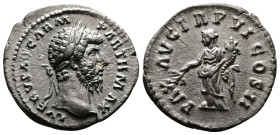 Lucius Verus (161-169 AD.) AR Denarius (20mm, 2,75g.) Rome 165-166 AD. L VERVS AVG ARM PARTH MAX Laureate head of Lucius Verus right. Rev. PAX AVG TR ...
