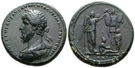 Lucius Verus (161-169 AD.) AE Medallion (38,5 mm, 46,22 g.) Rome, 165 AD. L AVREL VERVS AVG ARMENIACVS IMP II TR P V COS II, Laureate, draped and cuir...
