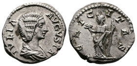 Julia Domna AR Denarius (17,5mm, 3,08 g.) Rome, 200-211 AD. IVLIA AVGVSTA Draped bust r. Rev. FELICITAS Felicitas standing l., holding caduceus and sc...
