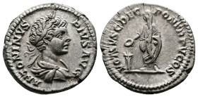 Caracalla (198-217 AD.) AR denarius (18,5 mm, 2,99g.) Rome mint, struck 202 AD. ANTONINVS PIVS AVG, laureate and draped child-like bust of Caracalla r...