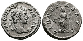 Caracalla (198-217 AD.) AR Denarius (19 mm, 3,13 g.) Rome, 213 AD. ANTONINVS PIVS AVG, Laureate head to right. Rev. LIBERTAS AVG, Libertas standing le...
