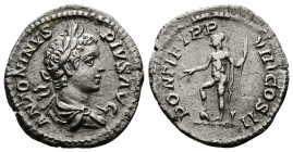 Caracalla (198-217 AD). AR Denarius (19 mm, 2,84 g.) Rome 206 AD. ANTONINVS PIVS AVG, laureate and draped bust right. Rev. PONTIF TR P VIII COS II, Ma...