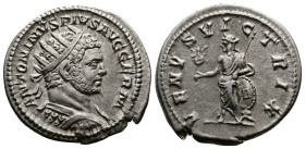 Caracalla (198-217 AD.) AR Antoninianus (23 mm, 5.07 g.) Rome mint, struck 215 AD. ANTONINVS PIVS AVG GERM, bearded older, radiate, draped, and cuiras...