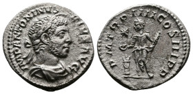Elagabalus (218-222 AD.) AR Denarius (19mm, 2,84g.) Rome 221 AD. IMP ANTONINVS PIVS AVG. Rev. PM TR P IIII COS III PP Laureate and draped bust of Elag...