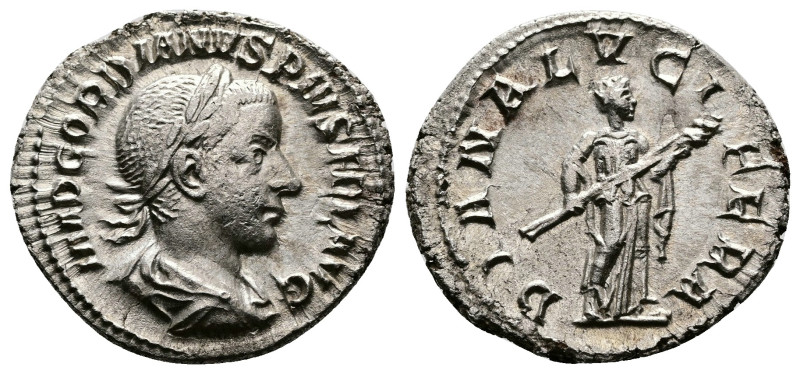 Gordian III (238-244 AD.) AR Denarius (20mm, 3.00g.) Rome mint, struck 241-2 AD....