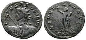 Probus (276-282 AD.) AE Antoninianus (23mm, 3,00 g). Ticinum mint. VIRTVS PROBI AVG, radiate, military bust left, holding square shield on left should...