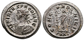 Probus (276-282 AD.) AE (silvered) Antoninianus (23,5mm, 3,68g.) Ticinum VIRTVS PROBI AVG radiate, cuirassed bust left, Probus holding spear over his ...