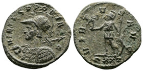 Probus (276-282 AD.) AE Antoninianus (23mm, 3,67g.) Ticinum.VIRTVS PROBI INVICTI AVG. Radiate, helmeted and cuirassed bust left, holding spear over sh...