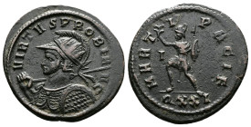 Probus (276-282 AD.) Æ Antoninianus (23mm, 4,00g.). Ticinum, 280 AD. VIRTVS PROBI AVG, radiate, helmeted and cuirassed bust left, holding shield and s...