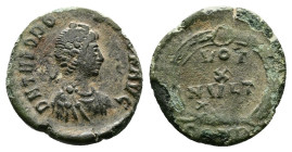Theodosius I (379-395 AD.) AE 4 (12,5mm, 0,92g.) Thessalonica, struck 383-388 AD. DN THEO[DOSIVS P F AVG], pearl-diademed, draped and cuirassed bust t...