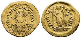 Leo I (457-474 AD.) AV Solidus (21mm, 4.44 g. Gold.), Constantinople, ca. 462-466 AD. D N LEO PERPET AVG Helmeted, diademed and cuirassed bust of Leo ...