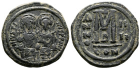 Justin II and Sophia (565–578 AD). Æ Follis (29mm, 14,11 g.). Constantinople, 568/9 AD. Justin II and Sophia enthroned facing, emperor holding globus ...