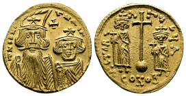 Constans II (641-668 AD). AV Solidus (19 mm, 4,42 g. Gold.) Constantinople, ca. 662-667 AD. dN CONSTANI, facing busts of Constans, on left with long b...