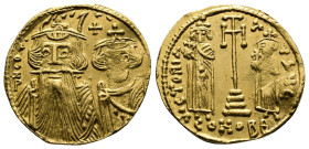 Constans II (641-668 AD). AV Solidus (19,6 mm, 4,32 g. Gold.) Constantinople, ca. 662-667 AD. dN CONSTANI, facing busts of Constans, on left with long...
