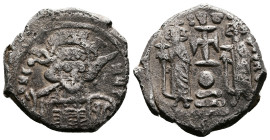 Constantine IV Pogonatus, with Heraclius and Tiberius. (668-685 AD.) AR Hexagram (20,5mm, 4,72 g.). Constantinople mint. Struck 674-681 AD. Helmeted a...