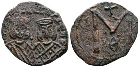 Michael II the Amorian, with Theophilus. 820-829 AD. Æ Follis (22mm, 3,67 g.) Syracuse mint. Struck 821-829 AD. Crowned facing busts of Michael II and...