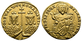 Constantine VII Porphyrogenitus, with Romanus I.(913-959 AD.) AV Solidus (20mm, 4.38 g.). Constantinople mint. Struck late 920-spring 921. Christ Pant...