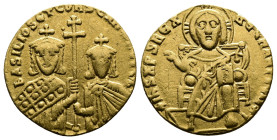 Basil I the Macedonian, with Constantine, (867-886 AD.) AV Solidus (18,5mm, 4,29 g. Gold ), Constantinople. IhS XPS REX REGNANTIUM* Christ seated faci...