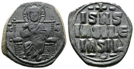 Constantine IX, Class D anonymous AE Follis (27mm, 8,84g.) 1042-1055 AD. IC to left, XC to right of Christ, nimbate, seated facing on throne with back...
