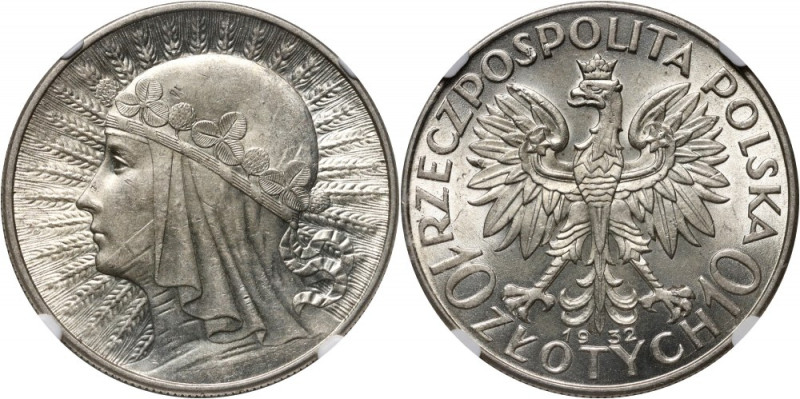 II RP, 10 złotych 1932, Londyn, Głowa Kobiety Piękny, menniczy egzemplarz. Refer...