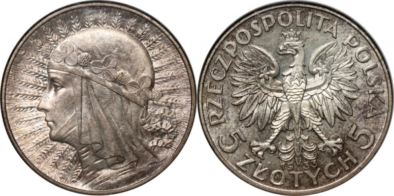 II RP, 5 złotych 1933, Warszawa, Głowa Kobiety Pięknie zachowane.
Reference: Pa...