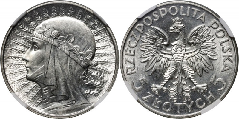 II RP, 5 złotych 1934, Warszawa, Głowa Kobiety Mennicze, z pięknym połyskiem. Re...