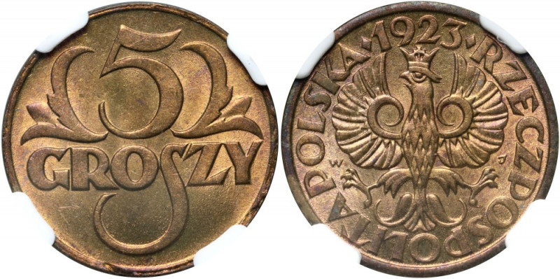 II RP, 5 groszy 1923, Warszawa Pierwszy rocznik w menniczym stanie. Reference: P...